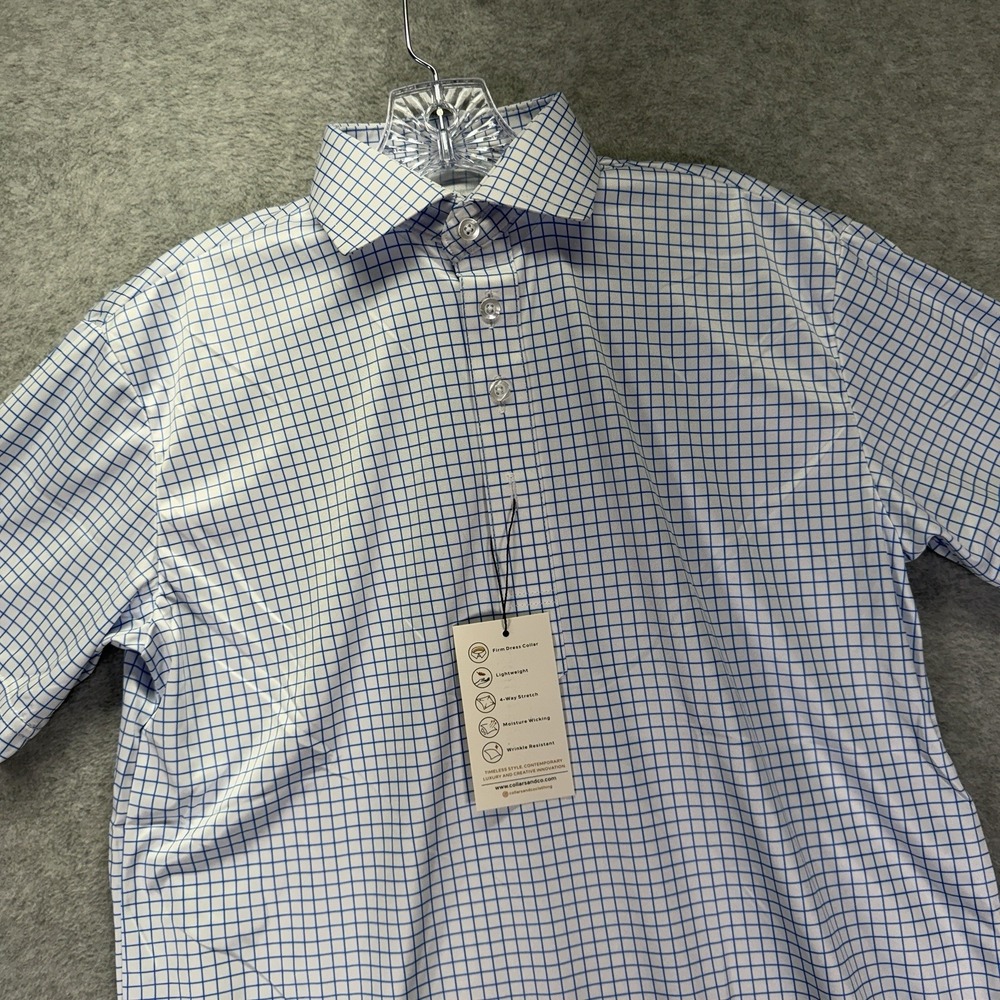 Collars & Co Dress Collar Polo Shirt Mens Small Blue Check Performance Stretch